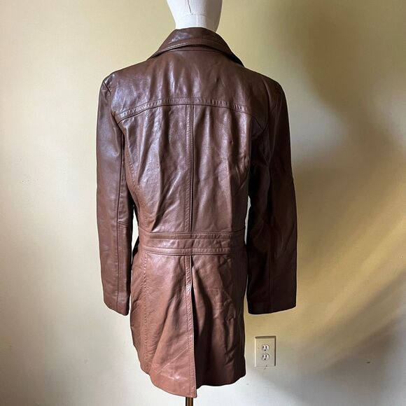Vintage Nine West Brownβ Leather Coat Large Button Front Y2K Trench Jacket - Picture 4 of 11
